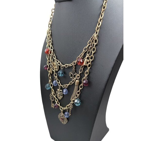 Multistrand Charm Necklace 22" Brass Tone Beads Locks Keys Shield Charms - Picture 2 of 16